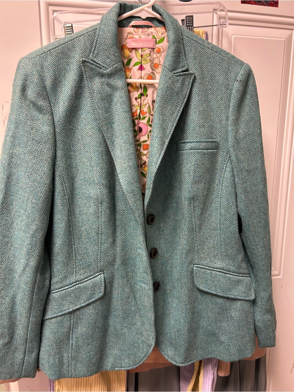 ST. EMILE Tweed Blazer Jacket in Seafoam Green - Floral Lined